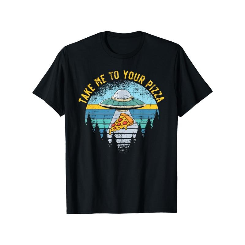 1pc Take Me To Your Pizza Alien UFO Graphic T-Shirt - 100% Cotton, Breathable, Stretch Fit, Round Neck, Short Sleeve,...