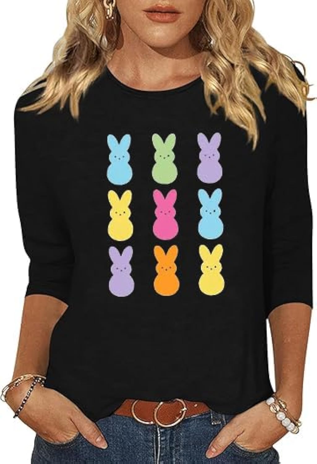 Women 3/4 Sleeve Shirts Cute Bunny Easter Eggs Graphic Shirts Spring Comfortable Basic Colorful Tops Blouse