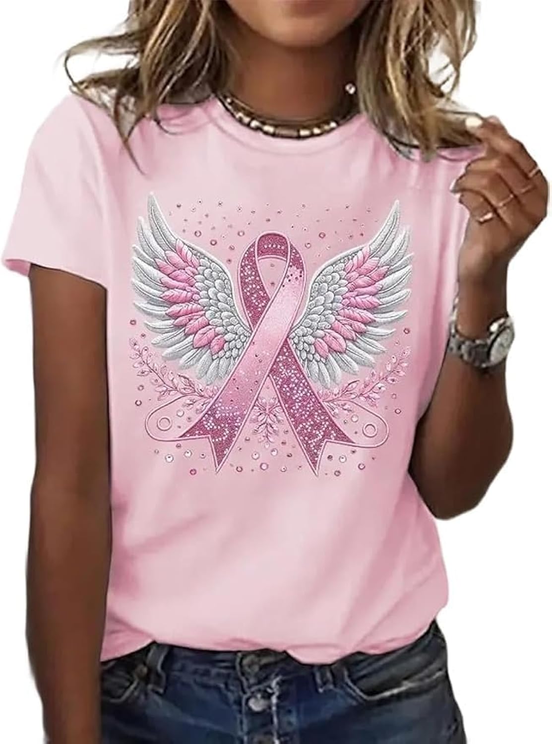 Women's Pink Ribbon Angel Wings T-Shirt in October We Wear Pink Support Shirt Survivor Breast Cancer Awareness Top