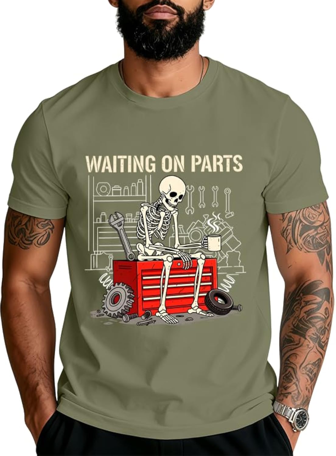 Waiting On Parts T Shirt Funny Mechanic Humor Skeleton T-Shirt