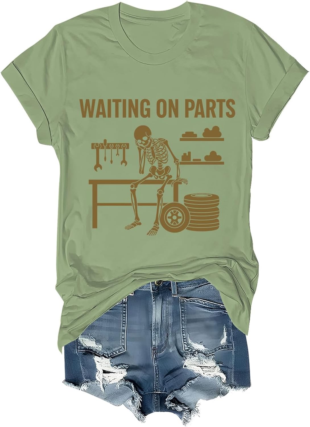 Funny Skeleton Mechanic Shirt Waiting On Parts Tee Auto Technician Humor T-Shirt