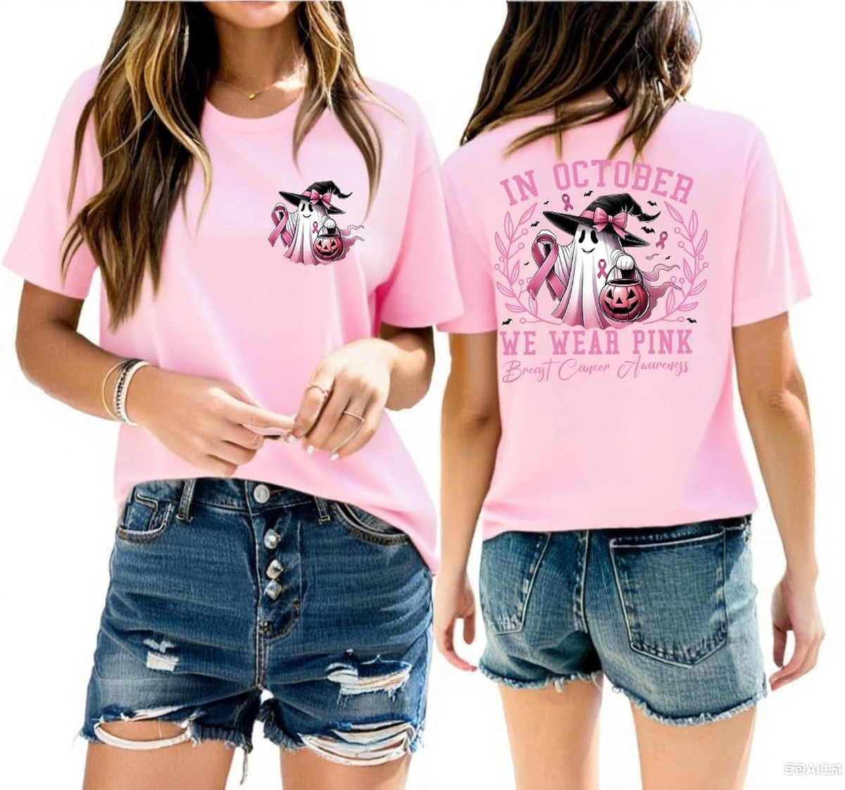 in October We Wear Pink Breast Cancer Awareness Shirt Graphic Tees for Women