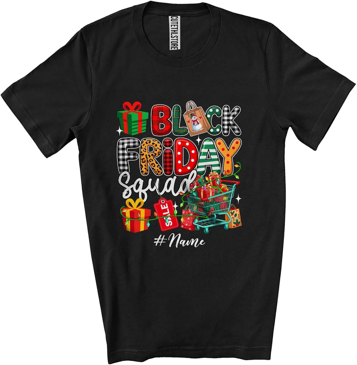 Personalized Custom Name Friday Squad; Colorful Christmas Lights Plaid Black Shopping Group Unisex T-Shirt