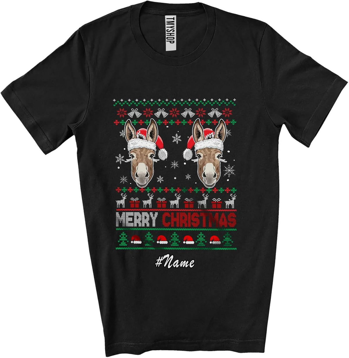 Personalized Custom Name Merry Christmas; Adorable Sweater Santa Mule Face; Farming Farmer Unisex T-Shirt Black