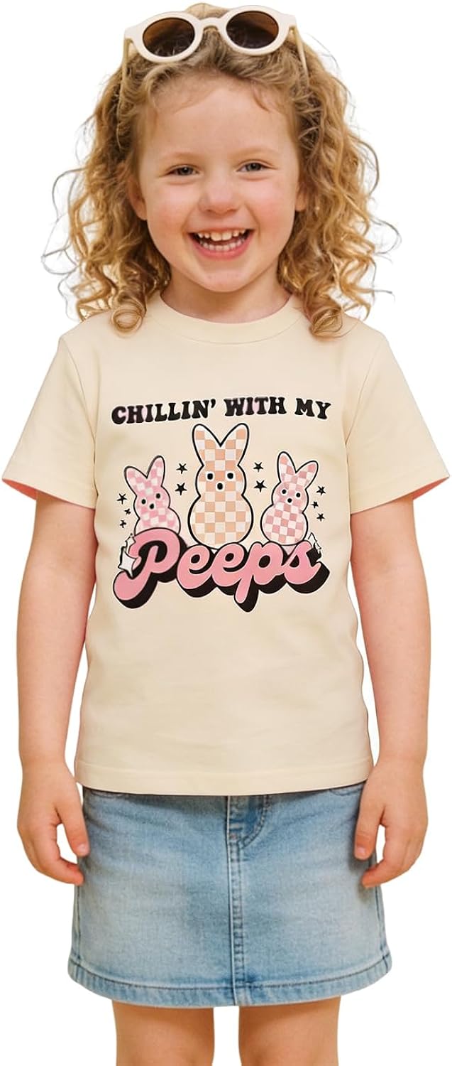 Easter Bunny Shirt Girls Chillin' with My Peeps Toddler Girl Checkerboard Bunny Graphic Tee Tops 18M-12 Year