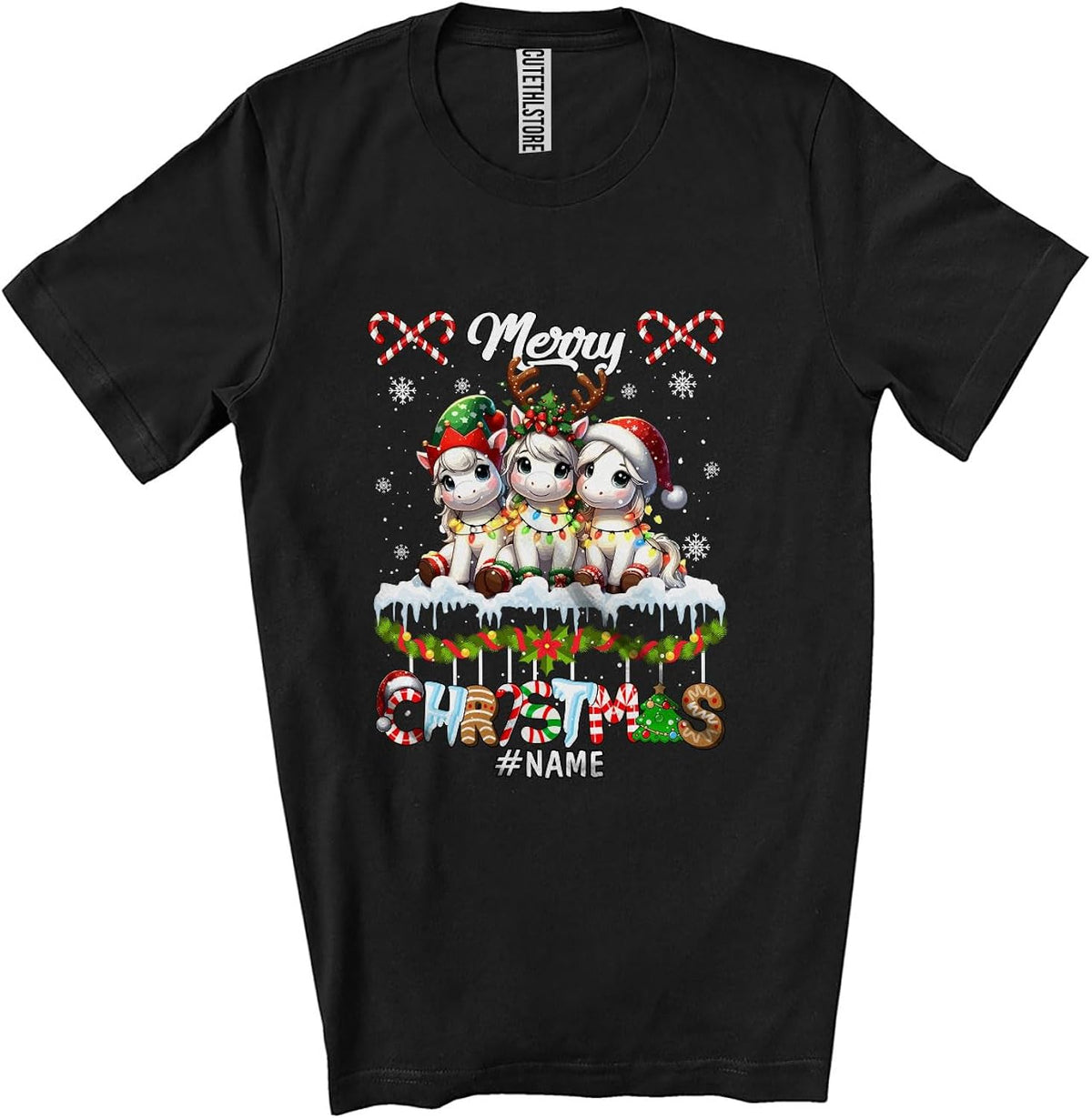 Personalized Custom Name Merry Christmas; Colorful Three X-mas Santa Elf Horse; Farmer Unisex T-Shirt