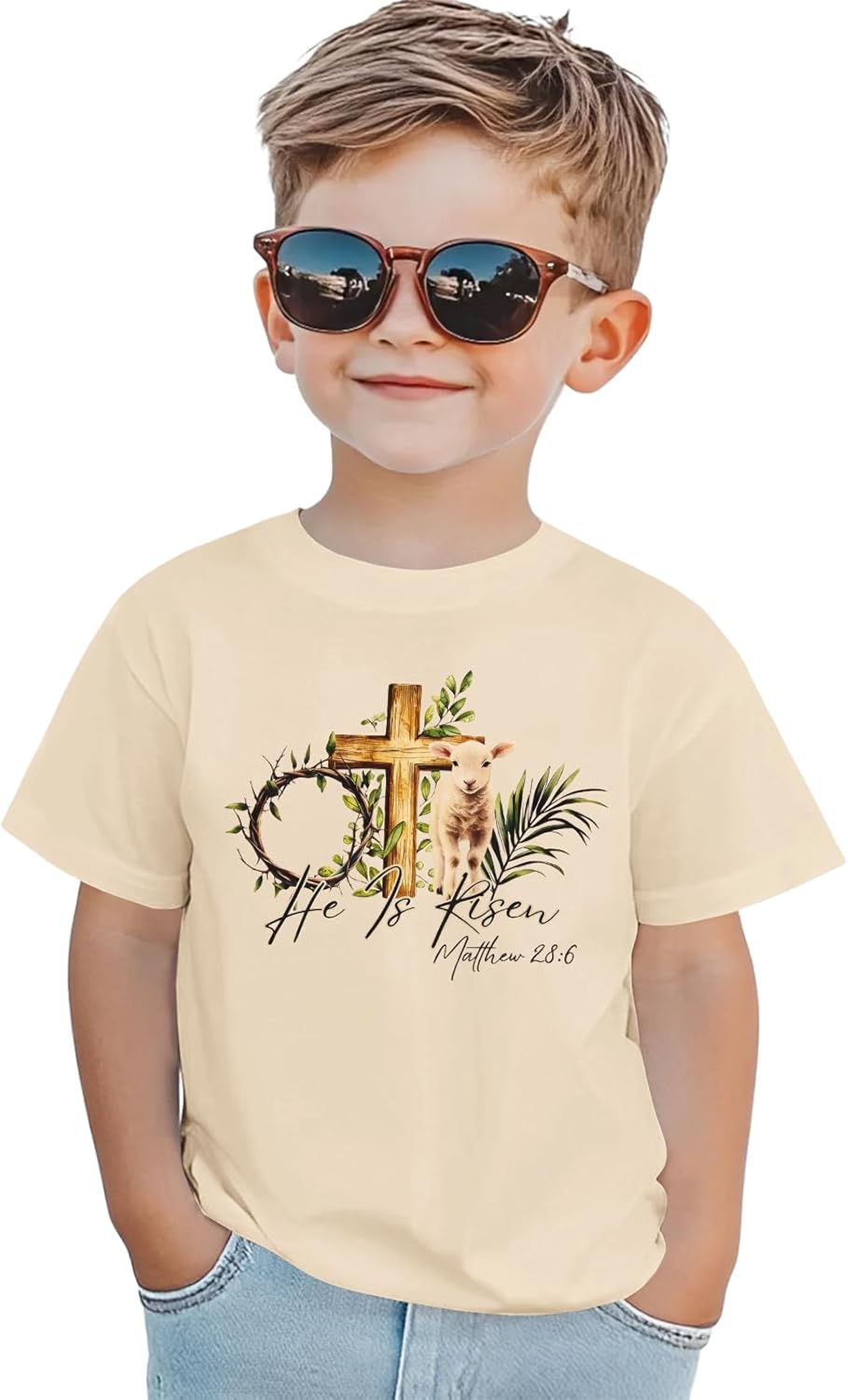 Kid Toddler Boys Easter Shirts He is Risen T Shirt Matthew 26:8 Cross Tees Christian Outfit Jesus Short Sleeve Tops