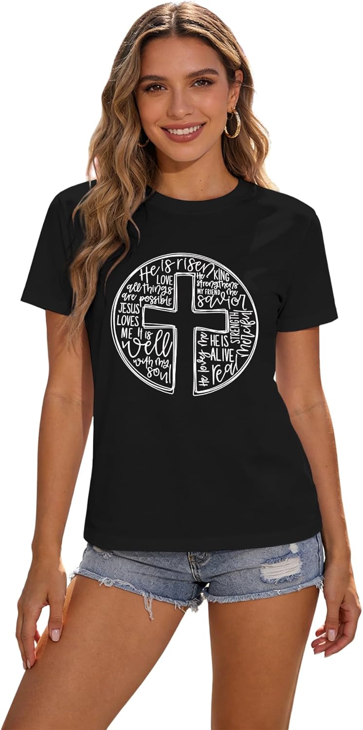 Easter Shirts for Women He is Risen Jesus Christian Short Sleeve Bunny Glasses Print Tee Tops