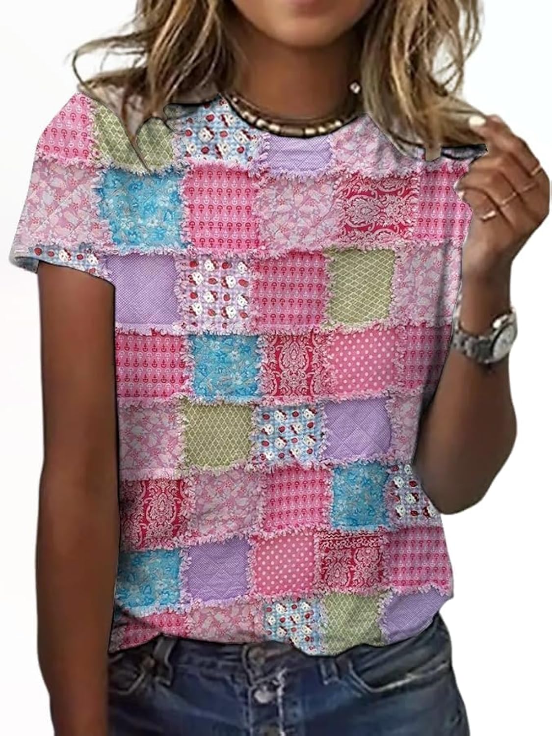 Women's Casual Pink Patch Printed T-Shirt in October We Wear Pink Breast Cancer Awareness Top