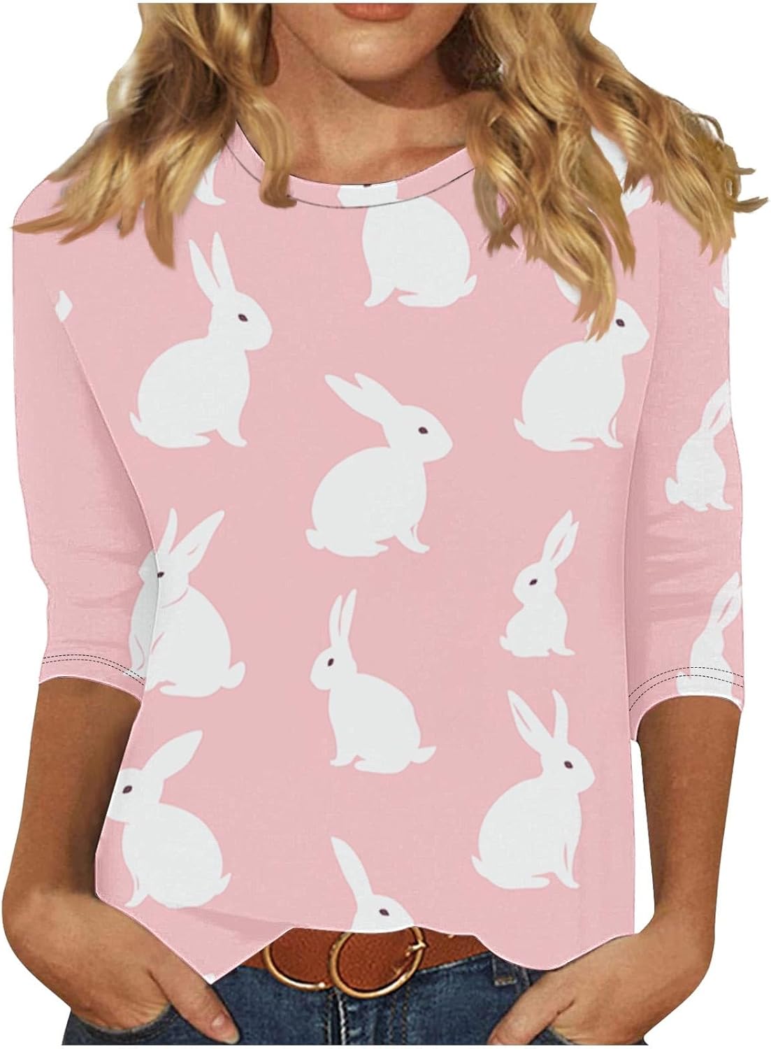 Easter Tops for Women 2026 Cute Bunny Graphic 3/4 Sleeve Loose Fit Shirts Trendy Print Round Neck Tunic Blouse