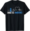 Diabetes Awareness Heartbeat Blue Ribbon Support T-Shirt