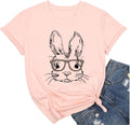Bunny with Leopard Glasses for Women Cute Easter Bunny Graphic Tees Casual Short Sleeve Shirts Tops