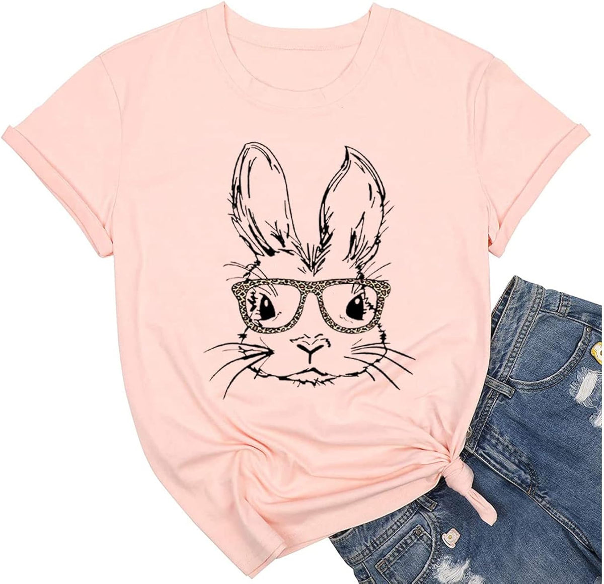 Bunny with Leopard Glasses for Women Cute Easter Bunny Graphic Tees Casual Short Sleeve Shirts Tops