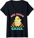 Womens One Tough Chick Retro Easter Bunny Egg Hunting Crew Boho V-Neck Unisex
