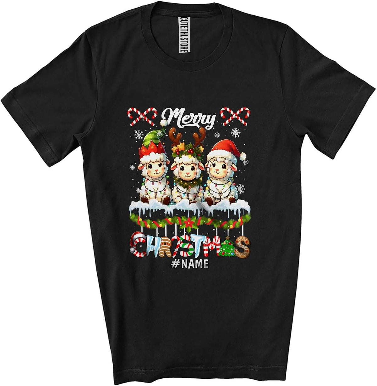 Personalized Custom Name Merry Christmas; Colorful Three X-mas Santa Elf Sheep; Farmer Unisex T-Shirt