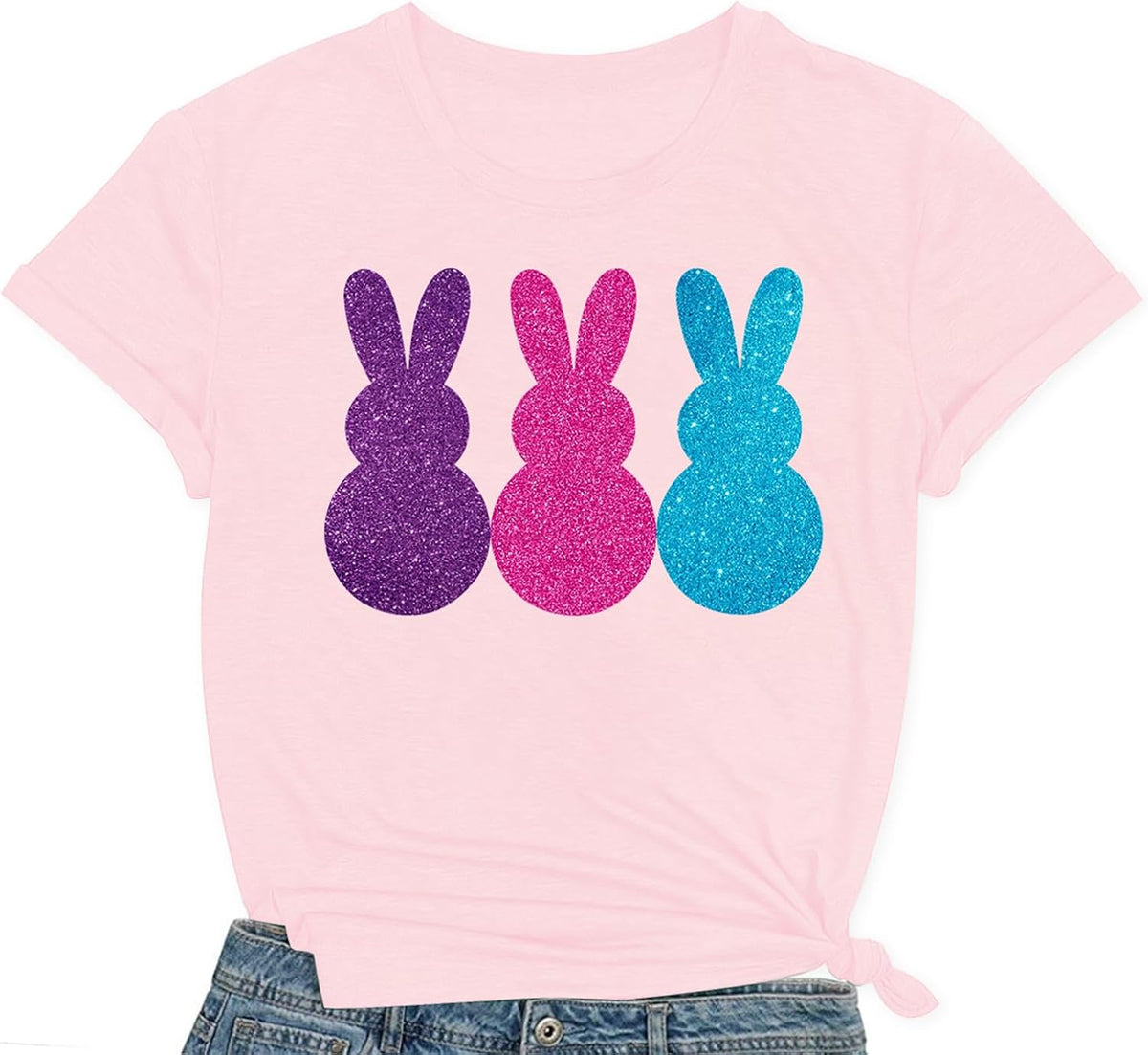 Easter Shirts for Women Happy Easter Bunny T Shirt Sequin Rabbit Print Tee Tops Unisex