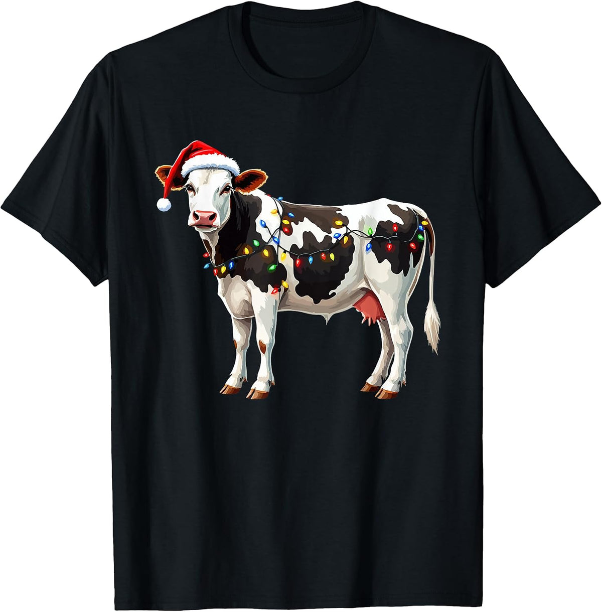 Christmas Cow With Santa Hat Christmas Lights Farmer Farming T-Shirt
