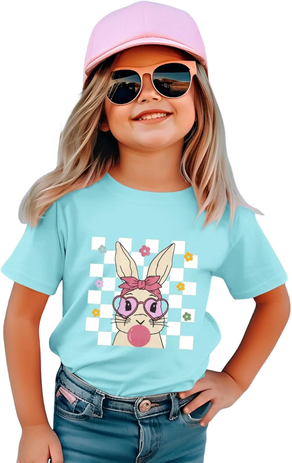 Toddler Girls Easter Shirts Cute Bunny T Shirt Blow Bubbles Rabbit Tops Easter Outfit Short Sleeve Summer Tees Clothes