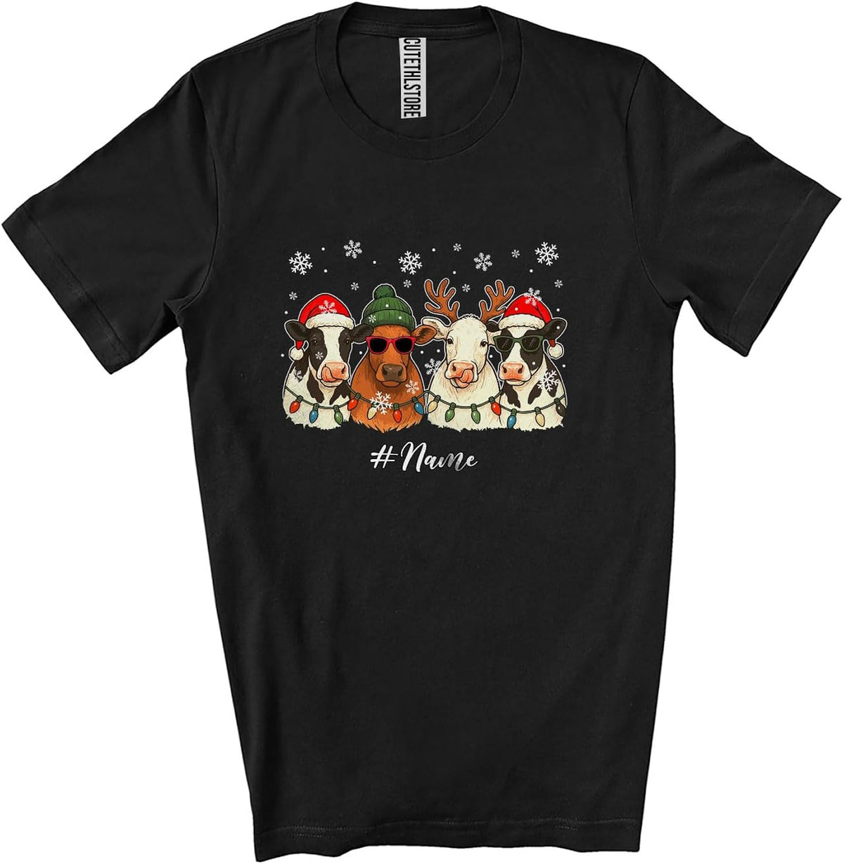 Personalized Custom Name Four Santa Reindeer Cow Face; Awesome Christmas Farmer Farming Unisex T-Shirt Black