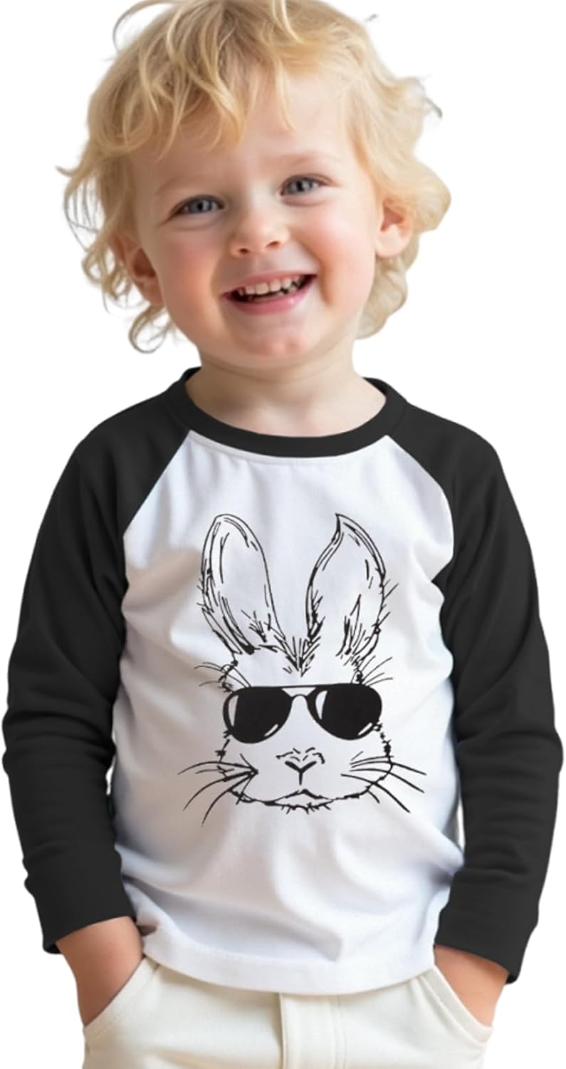 Easter Bunny for Toddler Boys Sunglasses Rabbit Shirts Raglan Sleeve Funny Graphic Tees Tops 1-6 Years