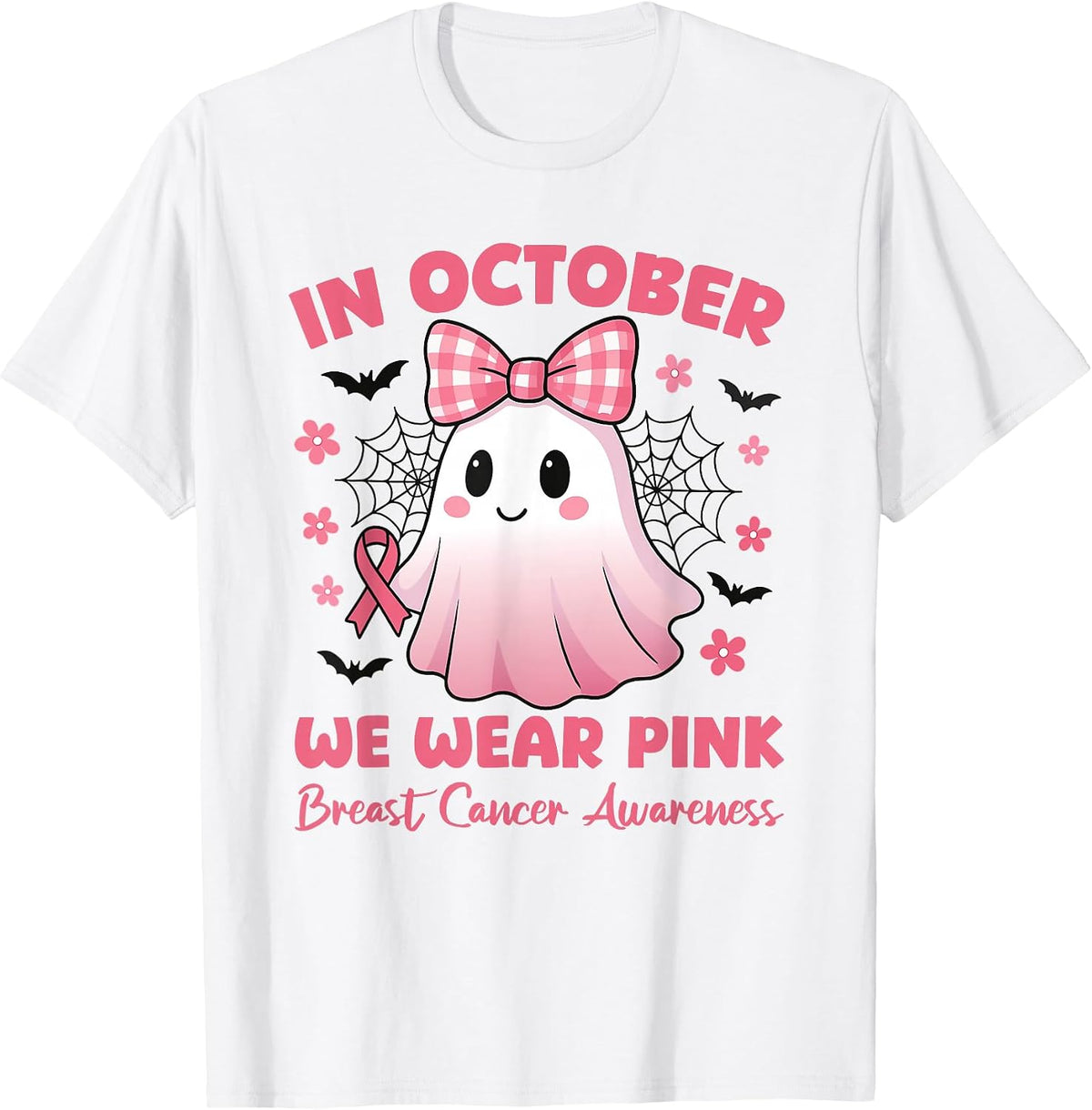 in October We Wear Pink Cute Ghost Awareness T-Shirt