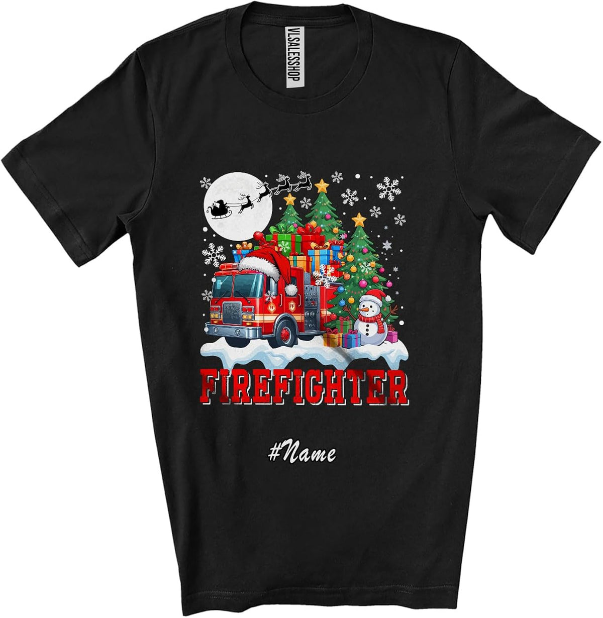 Personalized Custom Name Firefighter with Christmas Tree Snowman; Awesome X-mas Jobs Proud Unisex T-Shirt Black