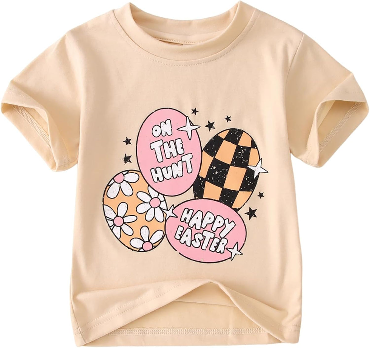 Toddler Easter Shirt for Baby Girls Happy Easter Eggs Short Sleeve Funny Floral Print Graphic Tees Tops