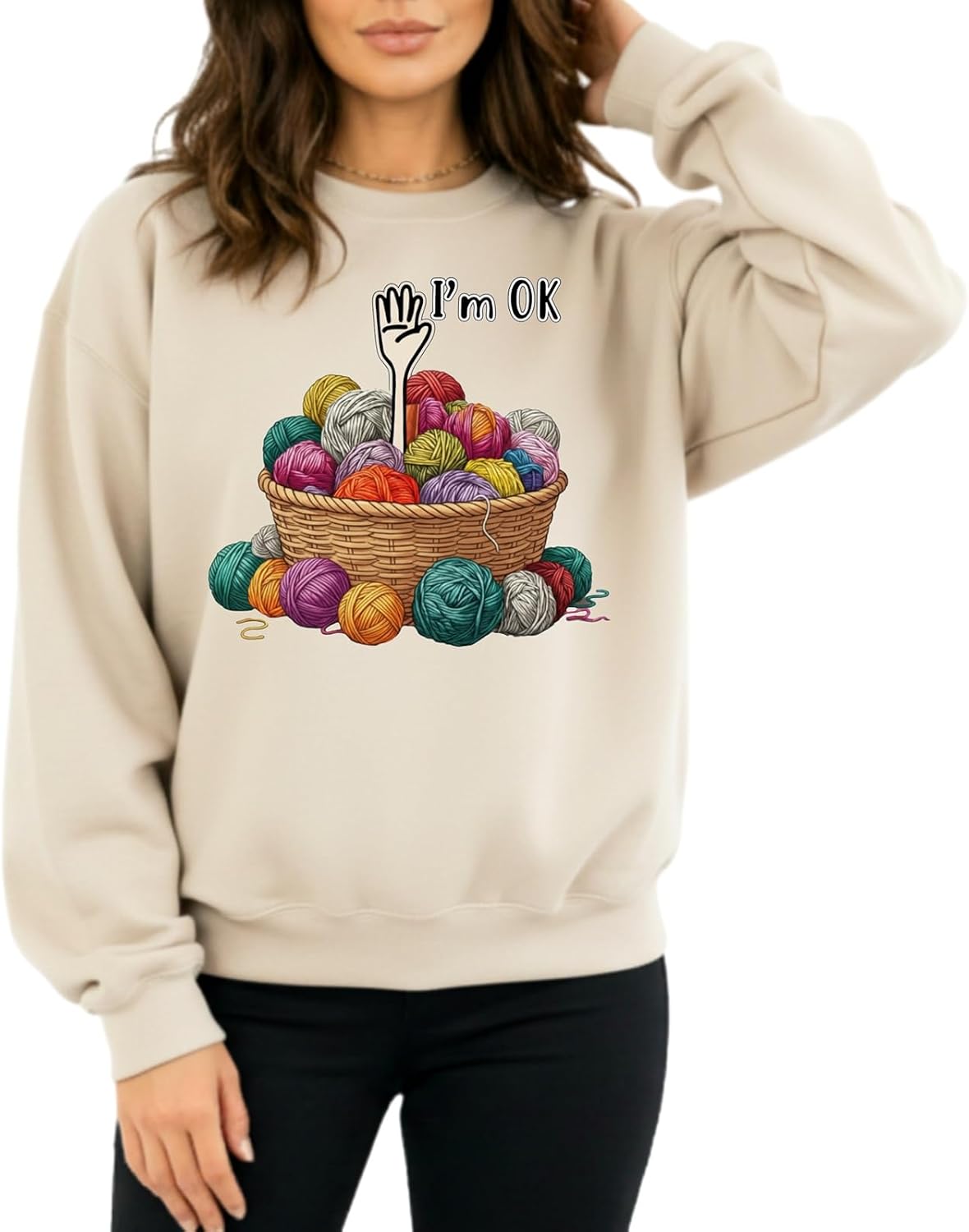 Women Knitting Yarn Sweatshirt I'm OK Crocheting Graphic Pullover Funny Lover Crafting Casual Top