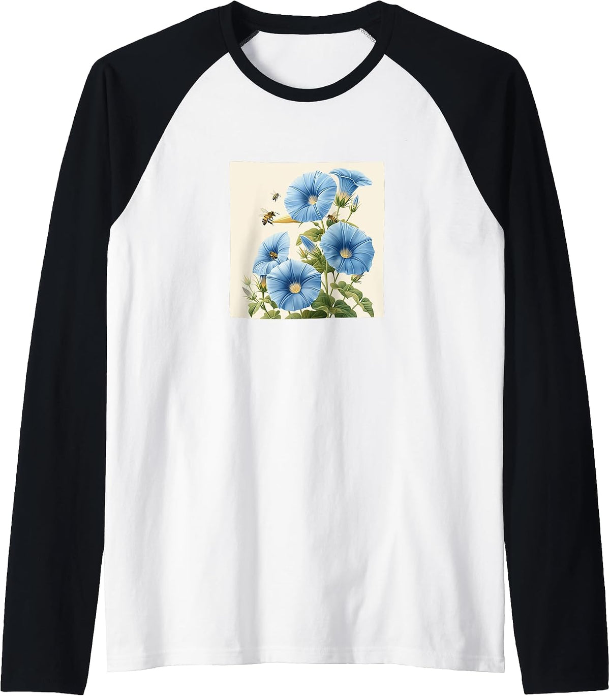 Morning Glory Flower Blooming With Bees Around Graphic Raglan Baseball Tee