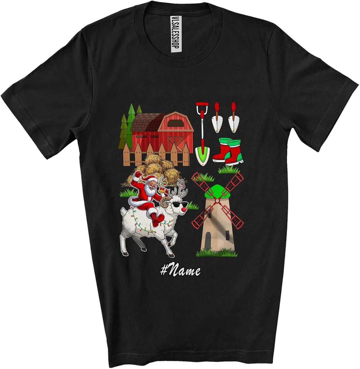 Personalized Custom Name Santa Farmer Riding Sheep Reindeer; Humorous Christmas Farming Unisex T-Shirt Black