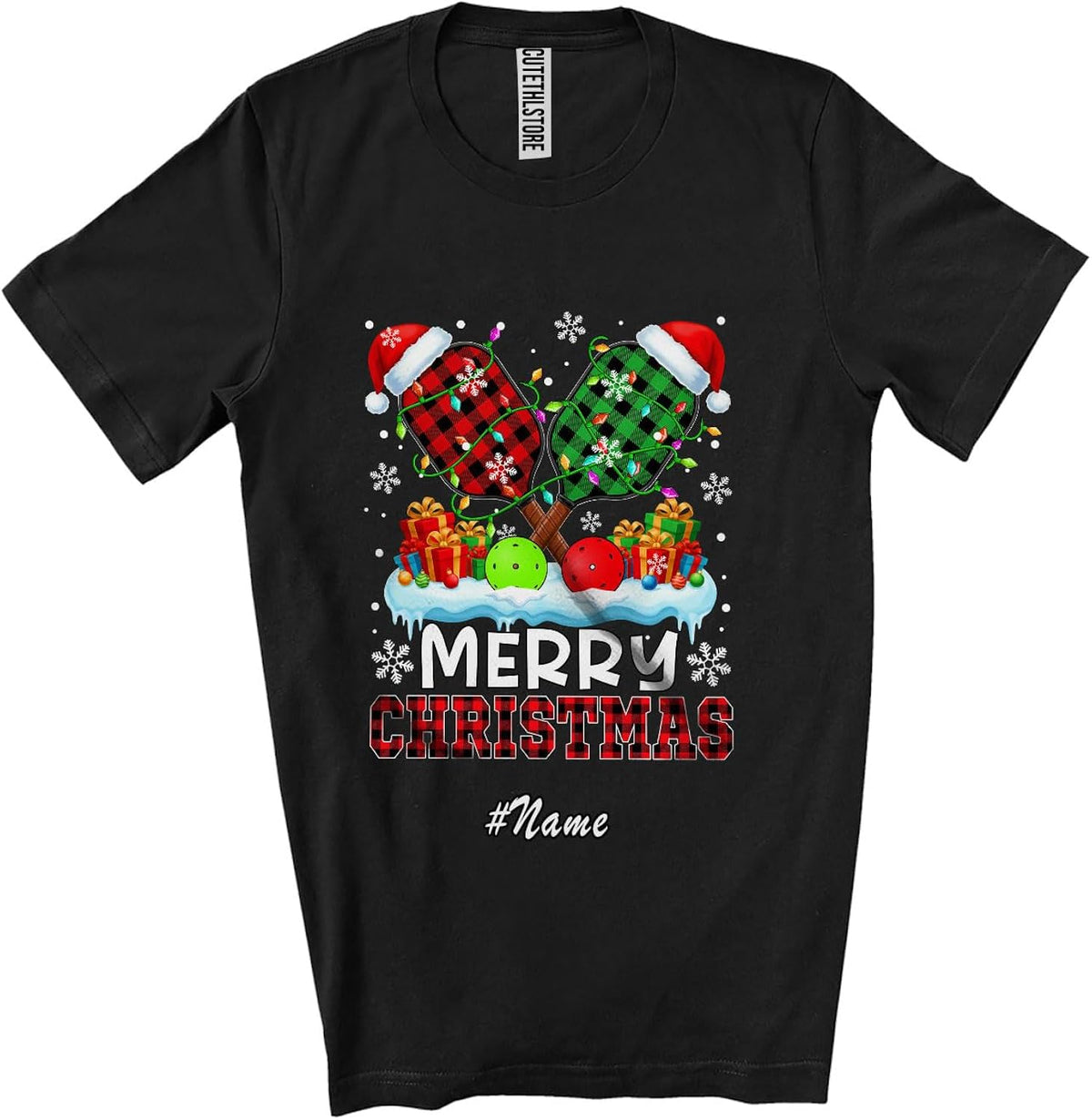 Personalized Custom Name Merry Christmas; Amazing X-mas Lights Plaid Santa Pickleballs Player Unisex T-Shirt Black