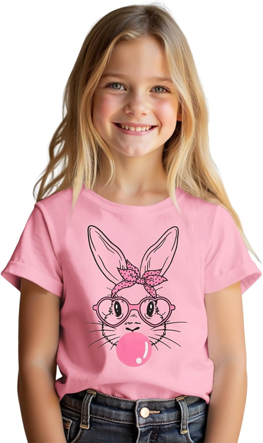 Girl Happy Easter Crewneck Shirt Glasses Bunny Graphic Big Kid Cute Rabbit Print Easter Holiday Pullover Top