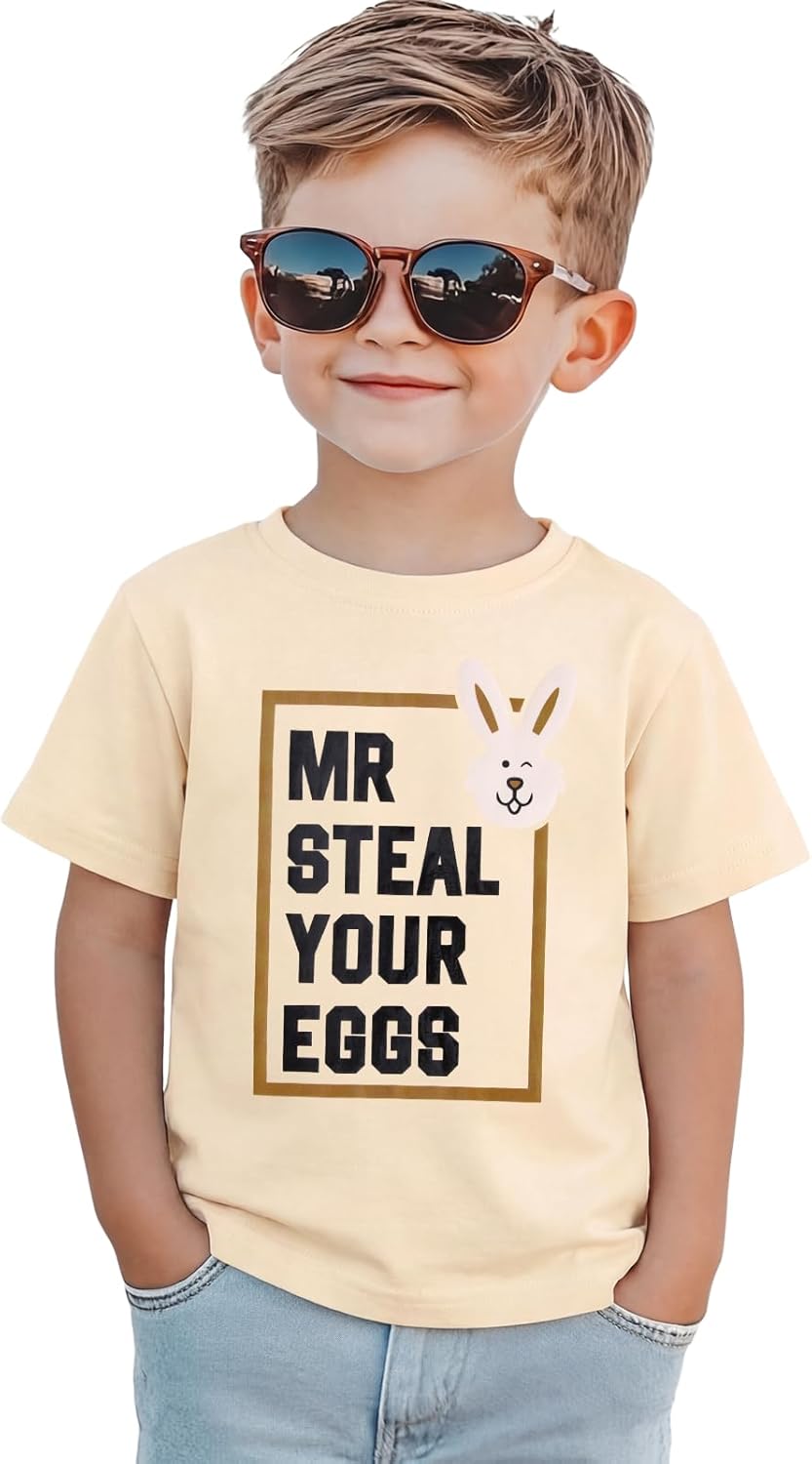 Easter Shirts for Kid Toddler Boys Mr Steal Your Eggs Bunny T Shirt Happy Easter Outfit Rabbit Short Sleeve Tees Tops