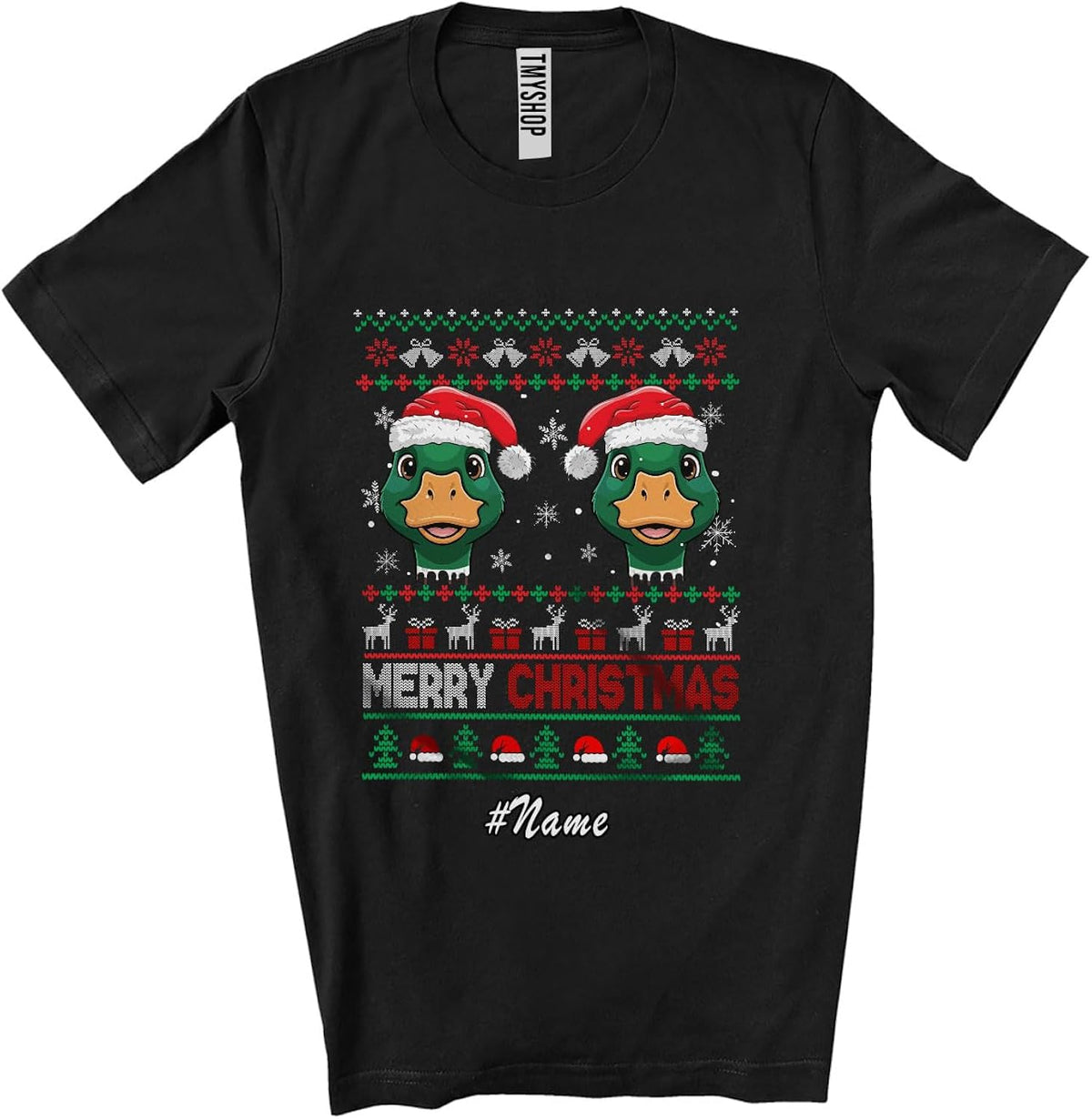 Personalized Custom Name Merry Christmas; Adorable Sweater Santa Duck Face; Farming Farmer Unisex T-Shirt Black