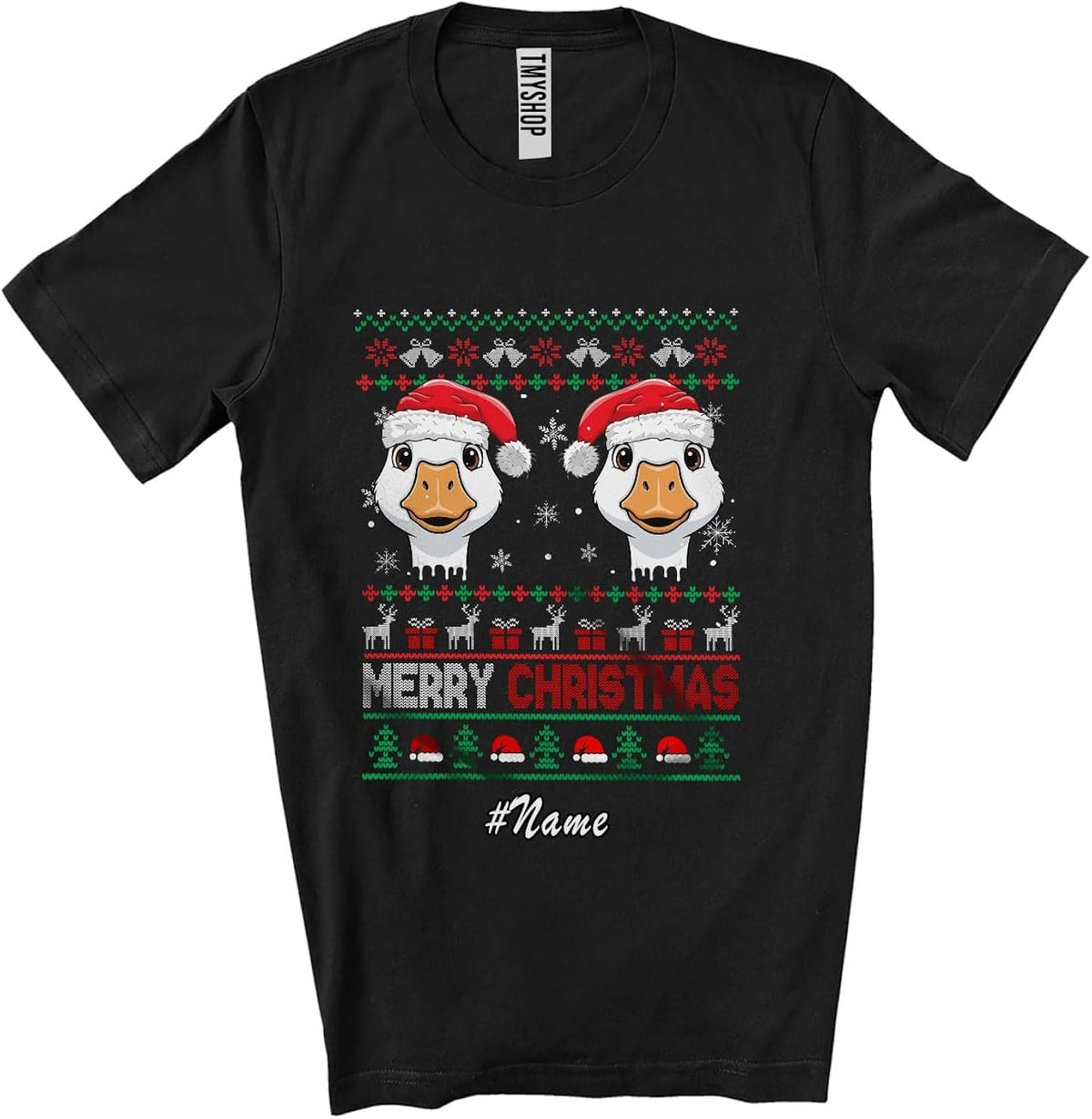 Personalized Custom Name Merry Christmas; Adorable Sweater Santa Goose Face; Farming Farmer Unisex T-Shirt Black