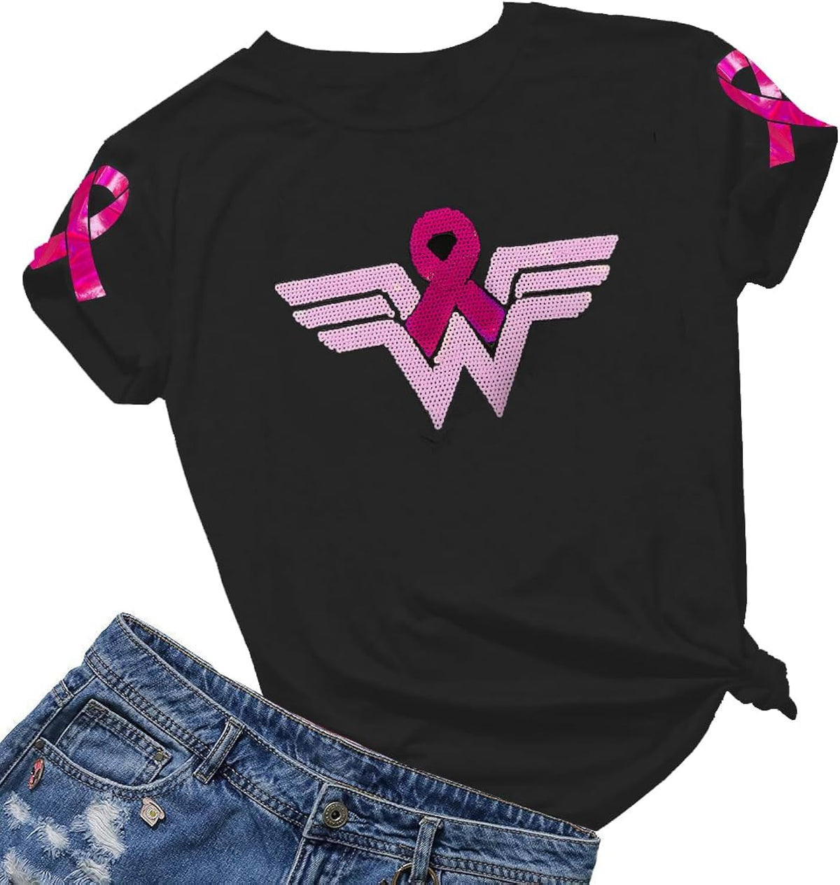 Breast Cancer Shirts for Women: Sequin Pink Ribbon Breast Cancer Awareness T-Shirt Pink Ribbon Care Short Sleeve Tee Top