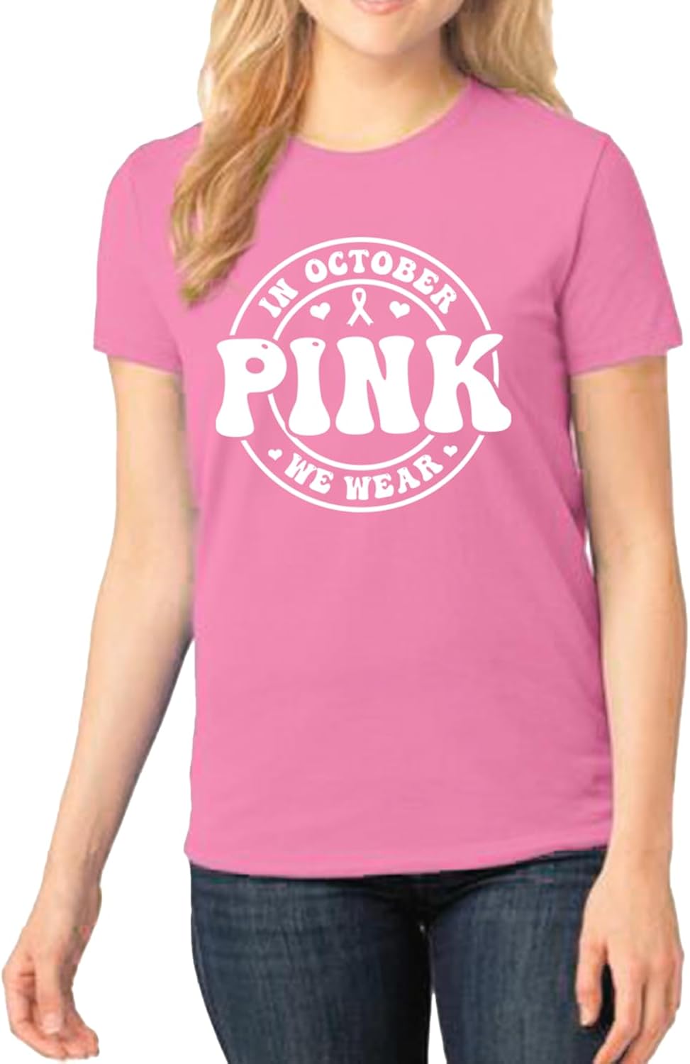 in October We Wear Pink Women’s T-Shirt – Breast Cancer Awareness Tee with Ribbon – Support Gift for Survivor Comfortable Fit