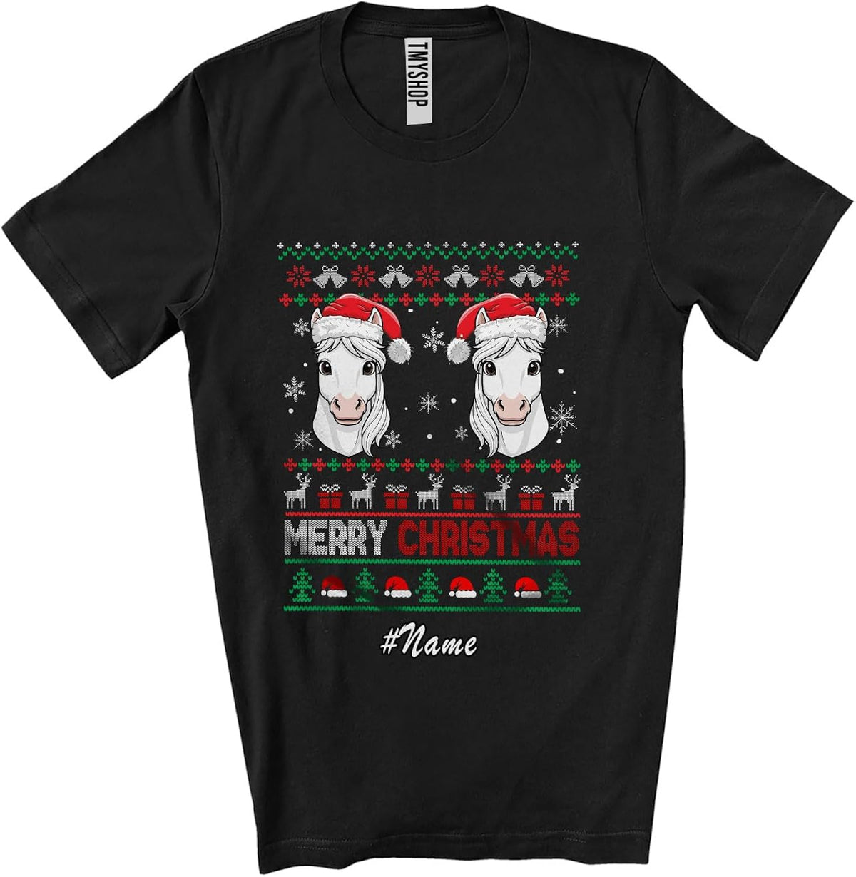 Personalized Custom Name Merry Christmas; Adorable Sweater Santa Horse Face; Farming Farmer Unisex T-Shirt Black