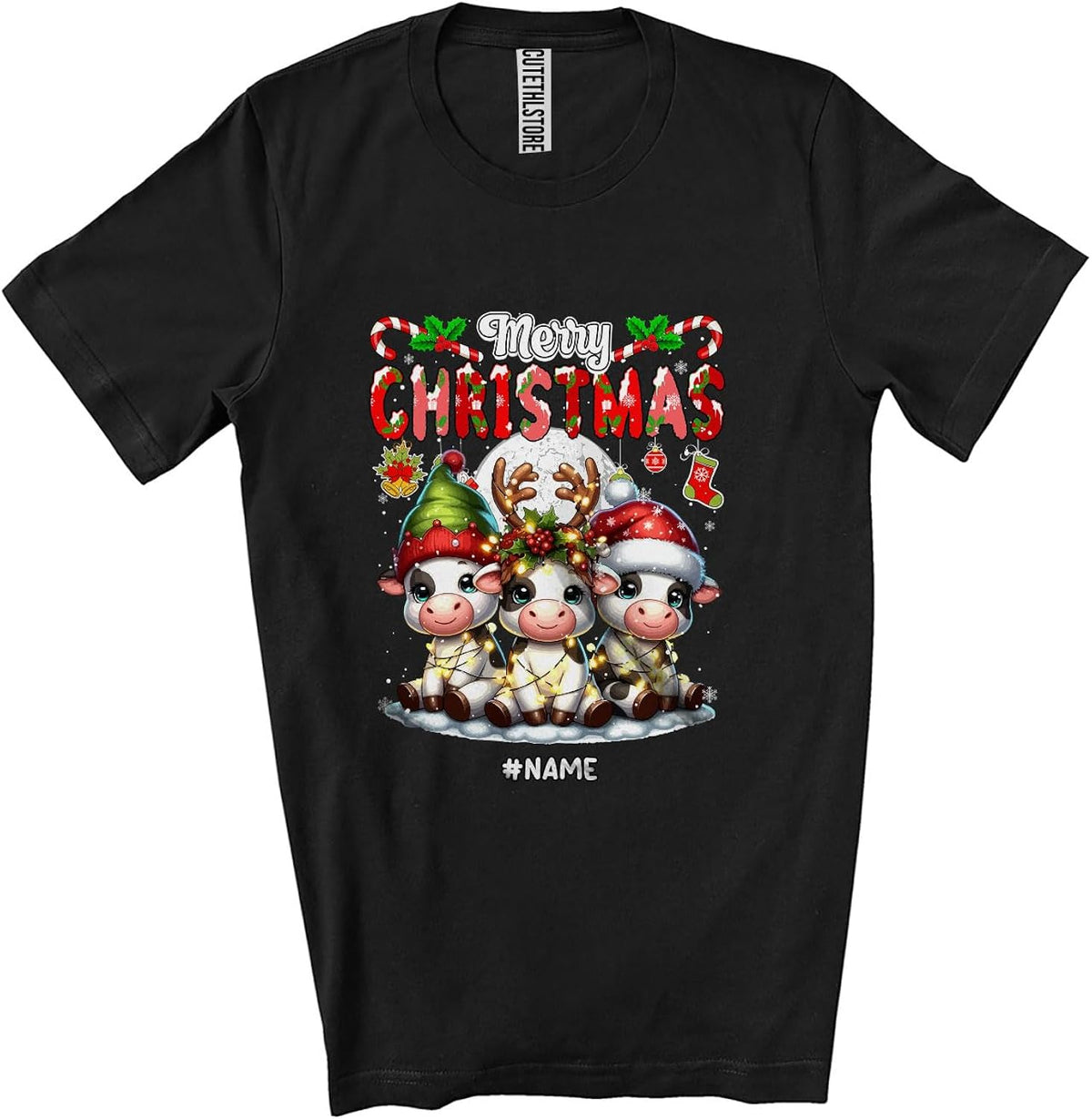 Personalized Custom Name Merry Christmas; Lovely X-mas Lights Three Cow Farmer Farming Unisex T-Shirt Black