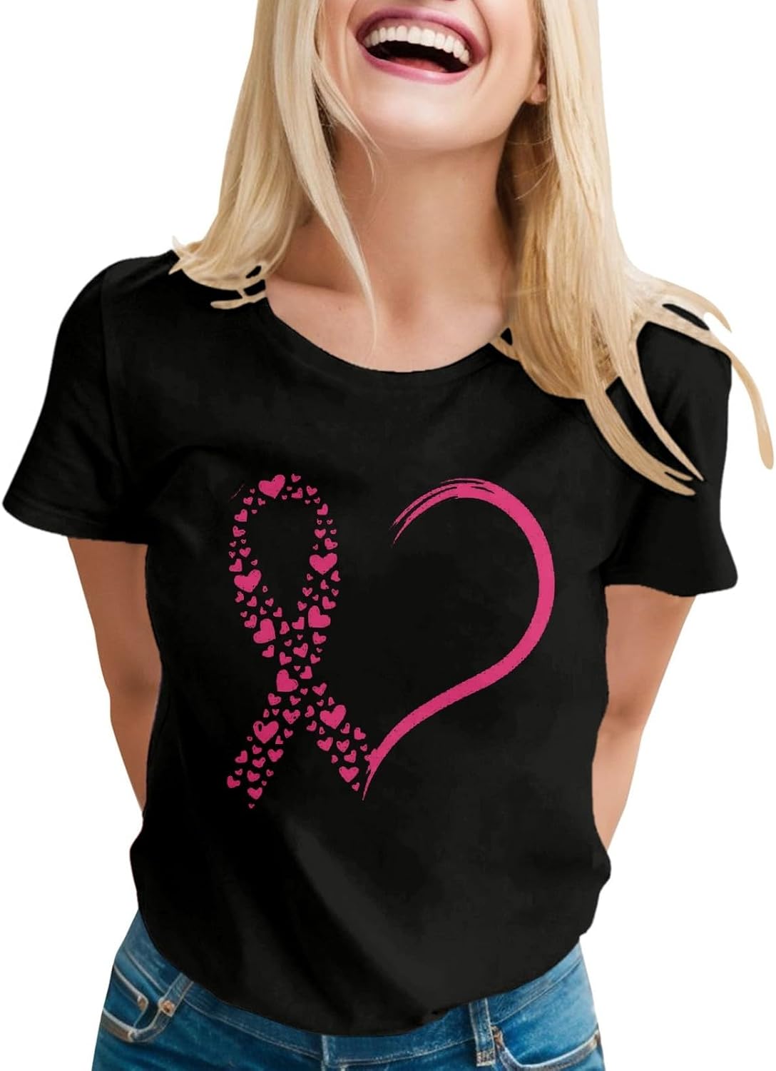 Womens Pink Ribbon Breast Cancer Awareness Shirt Crew Neck Short Sleeve Tee