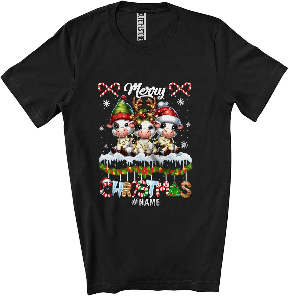 Personalized Custom Name Merry Christmas; Colorful Three X-mas Santa Elf Cow; Farmer Unisex T-Shirt