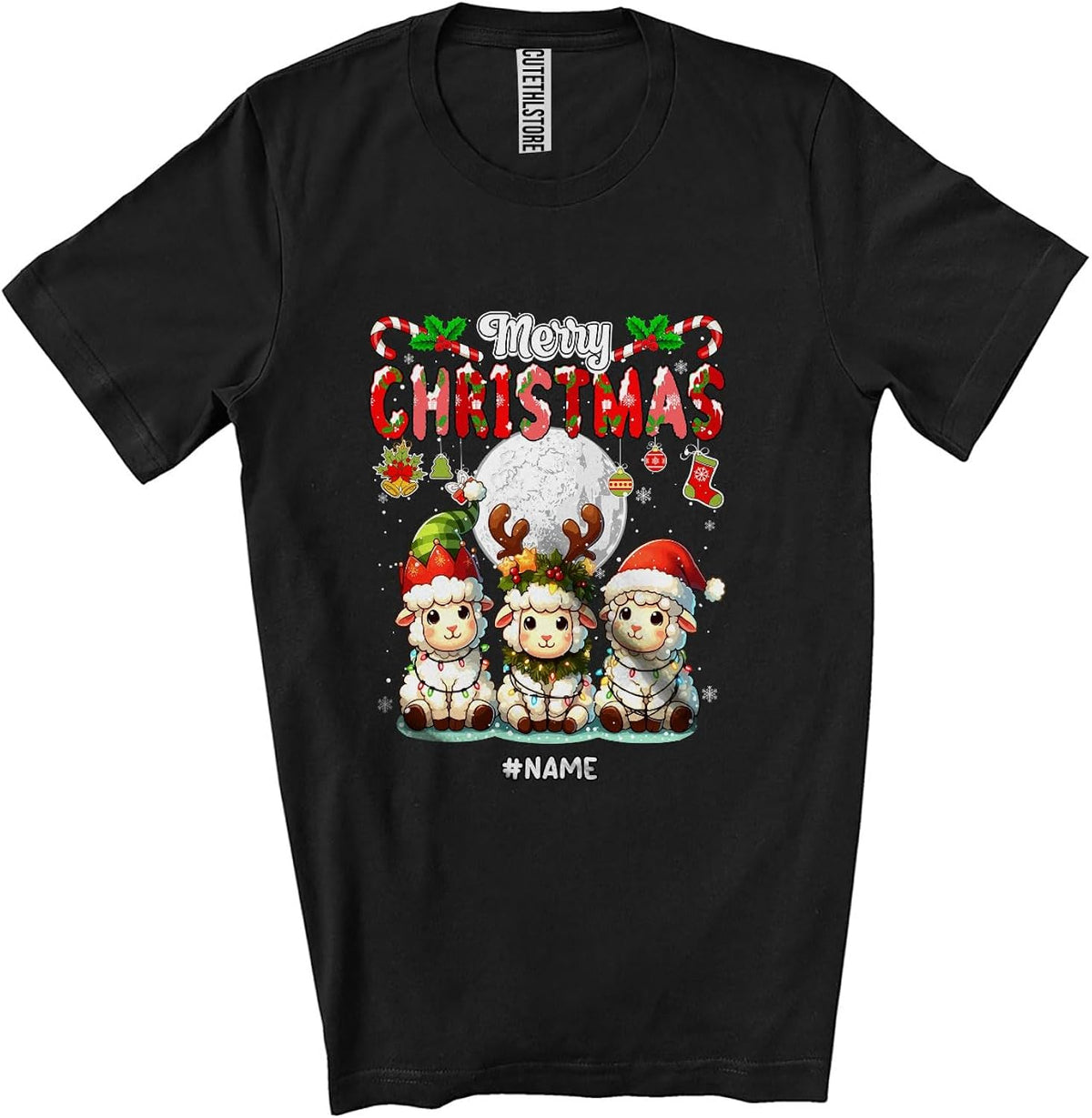 Personalized Custom Name Merry Christmas; Lovely X-mas Lights Three Sheep Farmer Farming Unisex T-Shirt Black