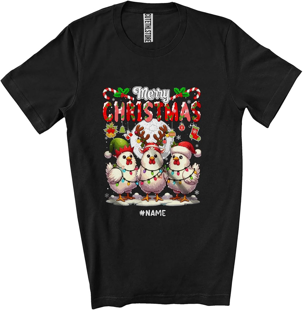 Personalized Custom Name Merry Christmas; Lovely X-mas Lights Three Chicken Farmer Farming Unisex T-Shirt Black