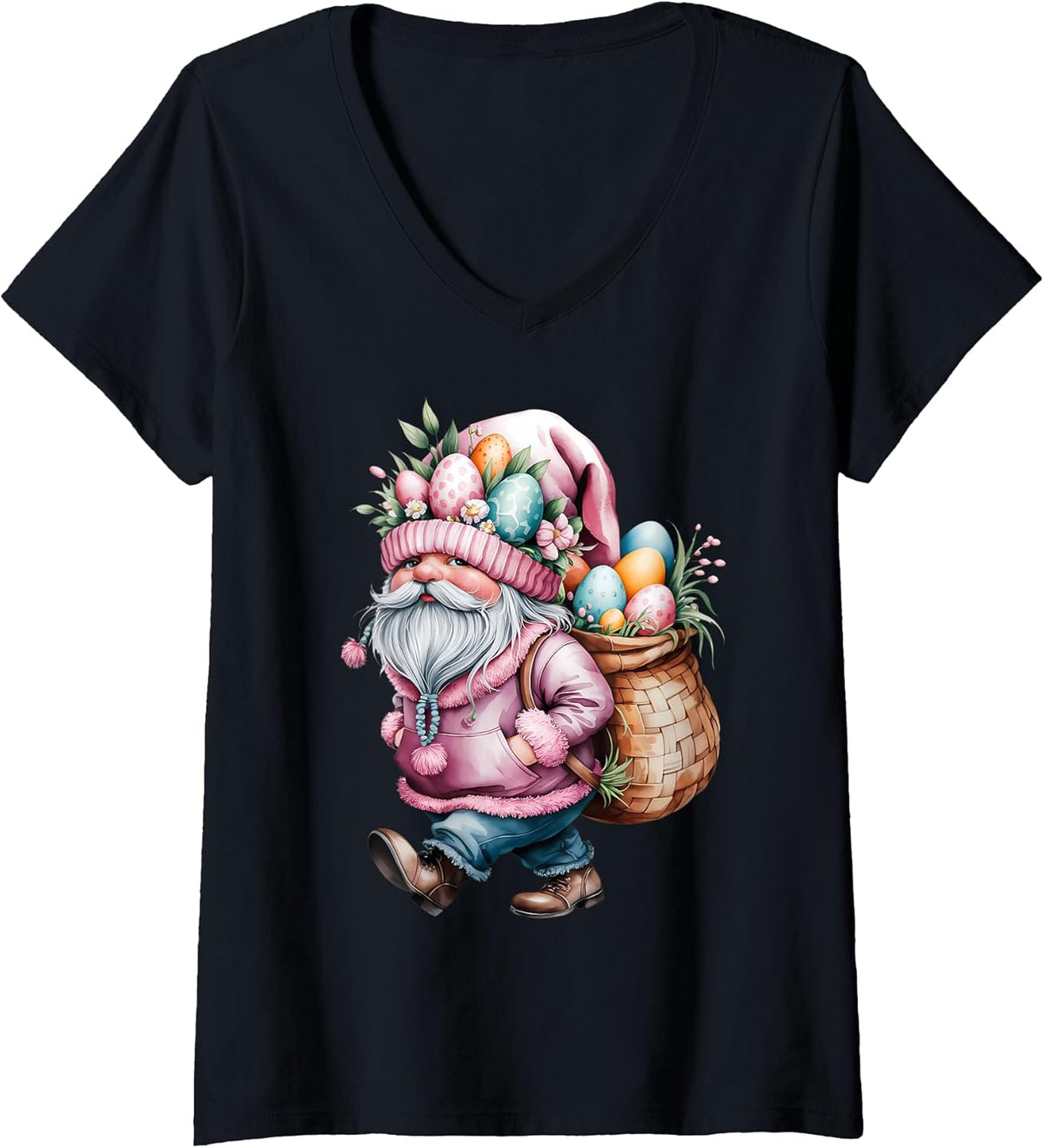 Womens Easter Gnome with Basket of Eggs - Pastel Watercolor V-Neck Unisex