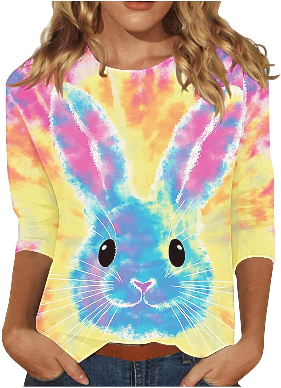 Easter Shirts for Women Funny Bunny Eggs Graphic Tees 3/4 Sleeve Spring Summer Holiday Tops Happy Easter Gifts