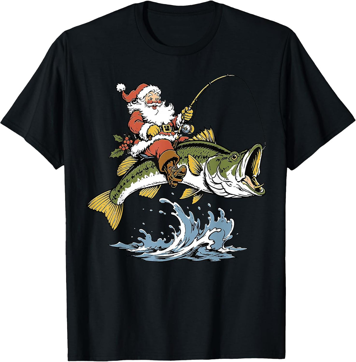 Santa Claus Bass Fishing Christmas Fisherman Holiday Men Dad T-Shirt