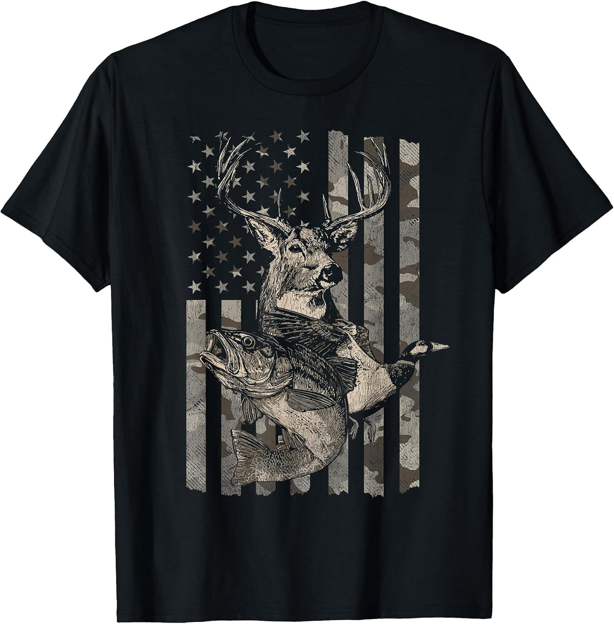 Fishing and Hunting American Flag Distressed T-Shirt