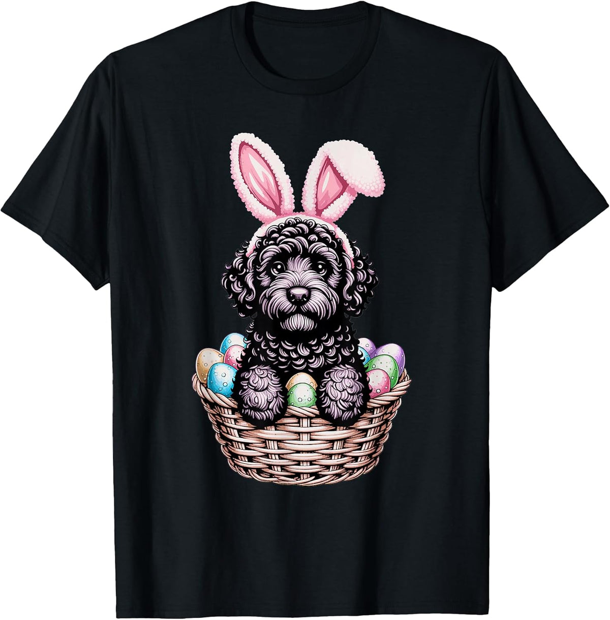 Cute Black Labradoodle Easter Bunny Ears Basket Dog Lover Unisex