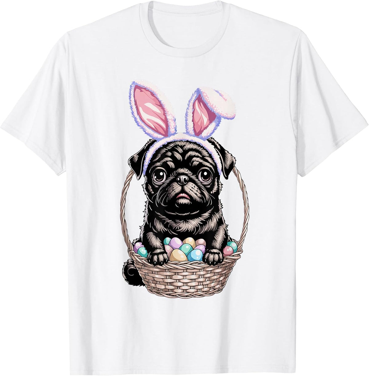 Black Pug with Bunny Ears Cute Colorful Easter Egg Basket Unisex