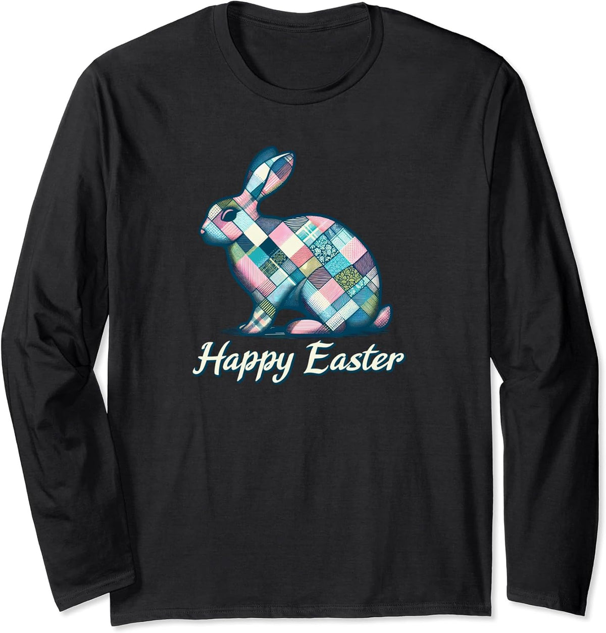 Rabbit Silhouette Pastel Quilt Squares Happy Easter Long Sleeve Unisex